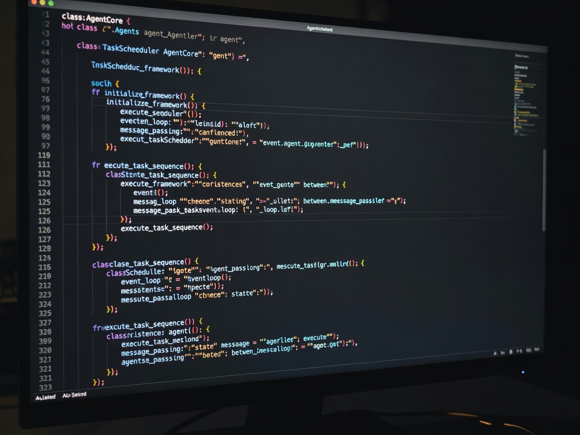 Code-Editor auf dunklem Bildschirm mit der Implementierung eines Agenten-Frameworks