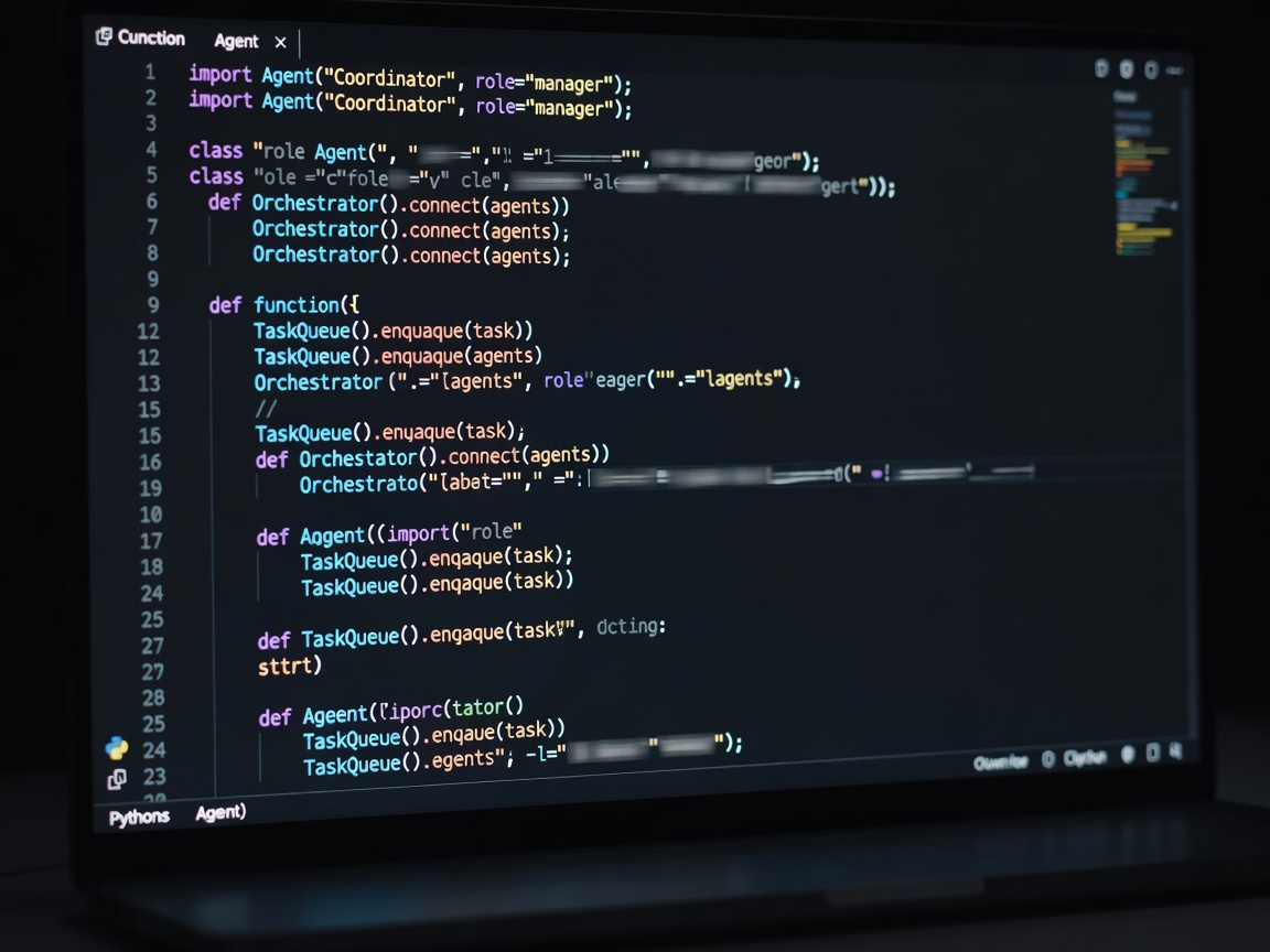 Code editor showing Python agent orchestration code on a dark screen