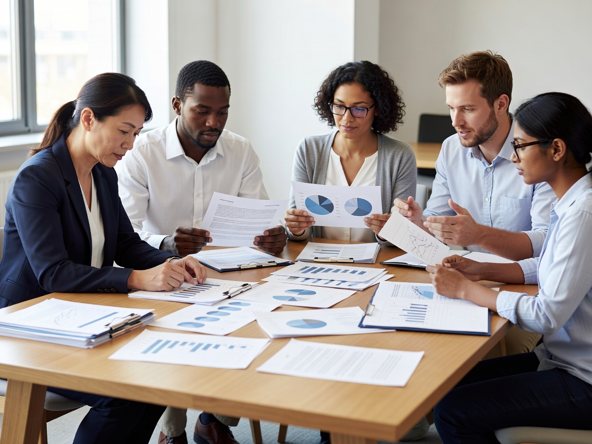 Colleagues reviewing printed policy documents and charts around a bright meeting table