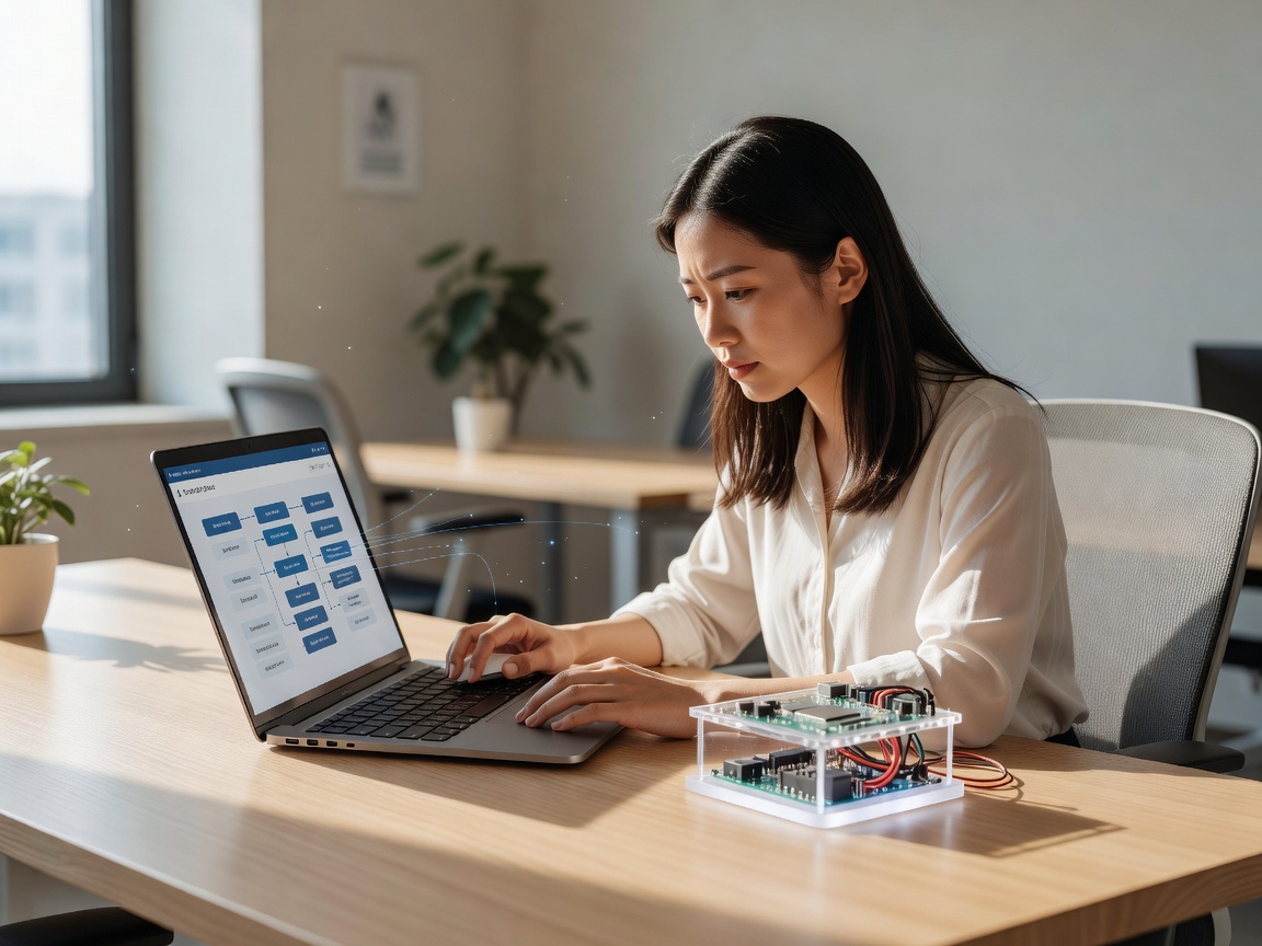 Person baut an einem hellen Schreibtisch einen Kundensupport-Workflow auf dem Laptop