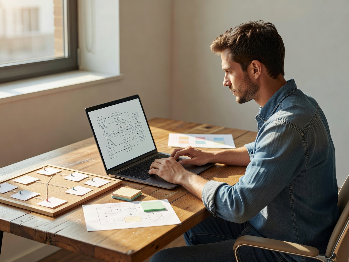 Person working on a laptop at a sunny desk building a customer support workflow