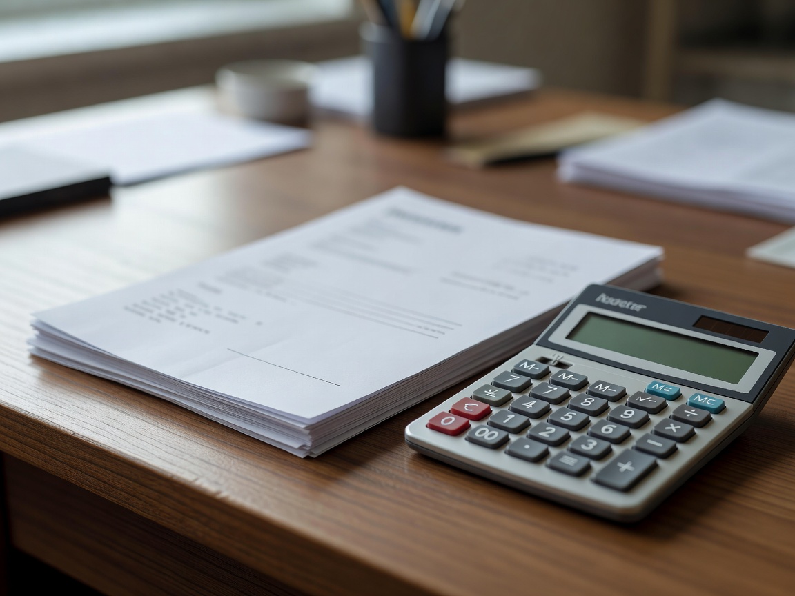 Stack of paper invoices and a calculator on a wooden desk