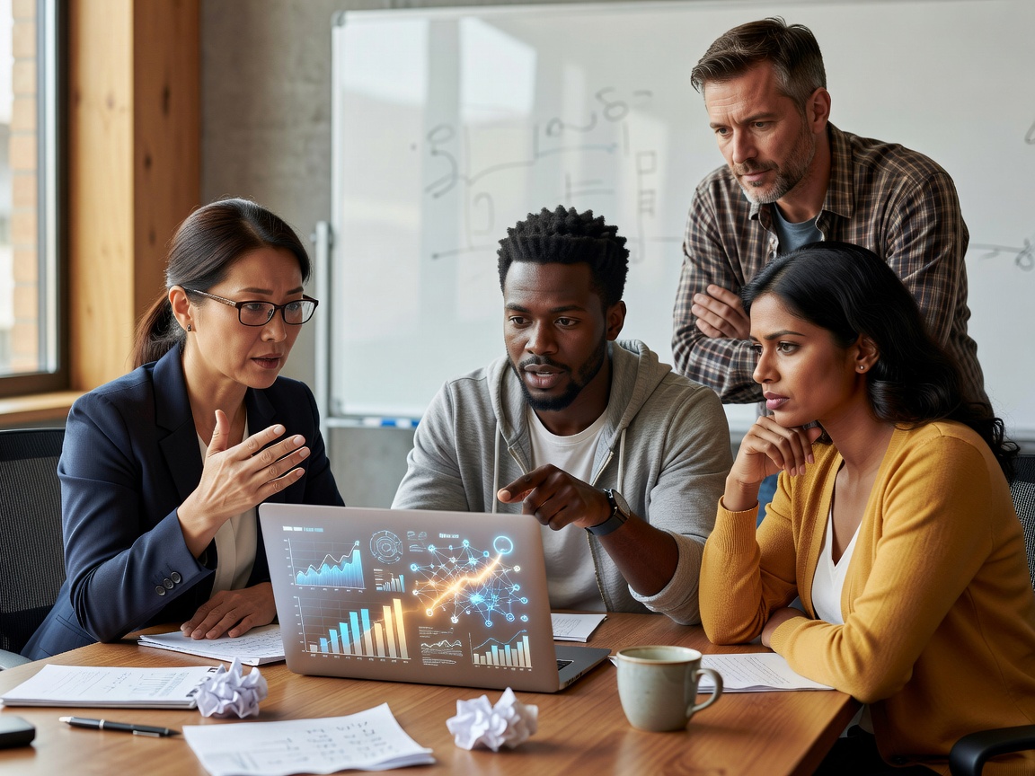 Team prüft Daten auf einem Laptop und diskutiert über RAG oder Fine-Tuning