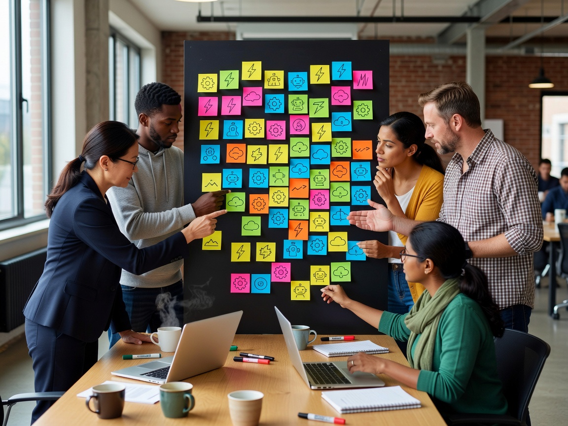 Team im Workshop mit Haftnotizen entscheidet, welche KI-Piloten weiterlaufen und welche eingestellt werden