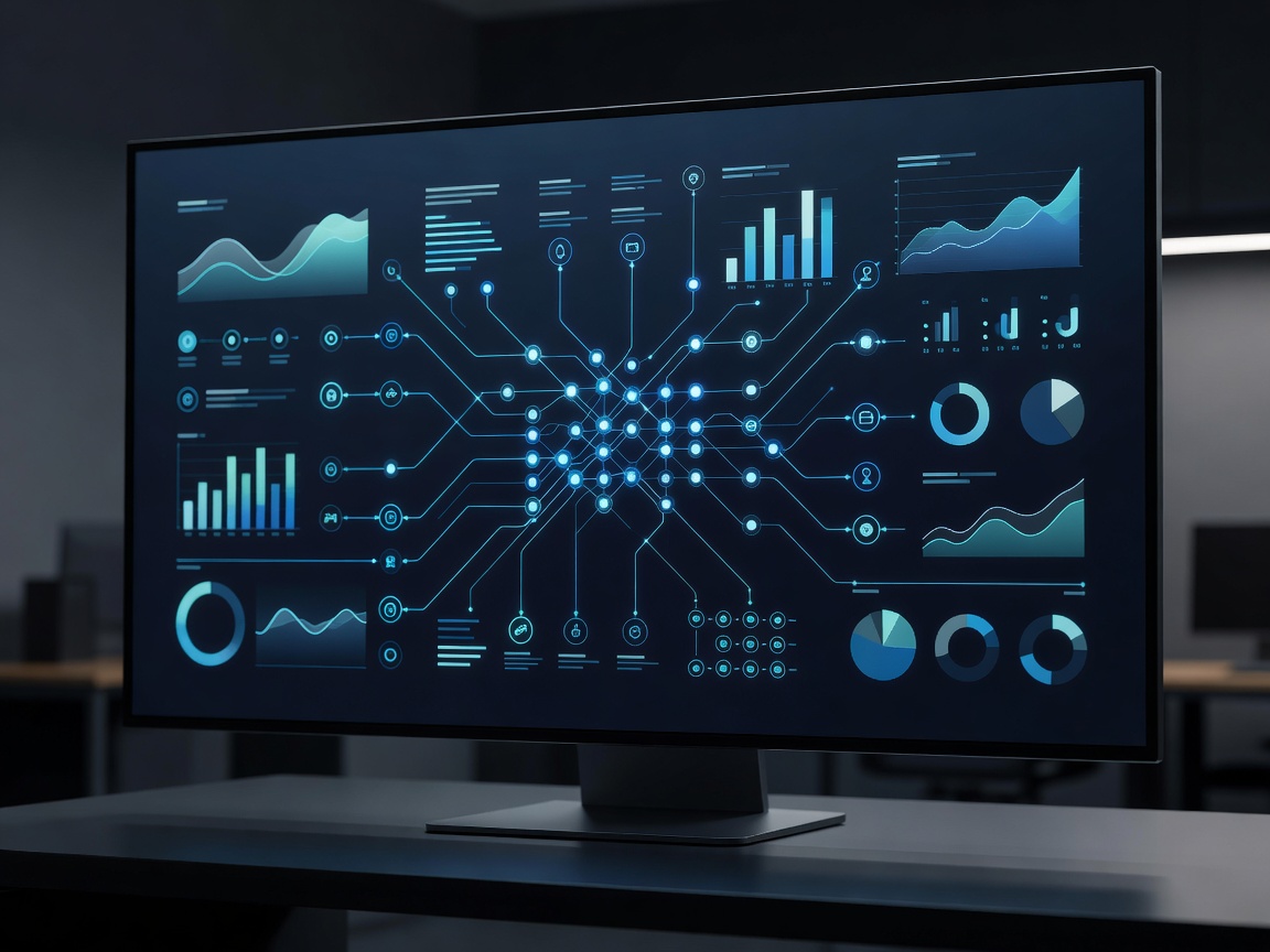 Wide monitor displaying an automation workflow dashboard with connected nodes and charts